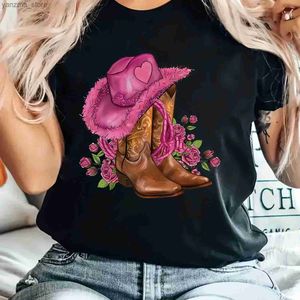 Kvinnors t-shirt söt blommig cowgirl tecknad tryck t-casual crew hals topp för kvinnor 100% polyesterfjäder till fall mångsidighet lätt vård y240420