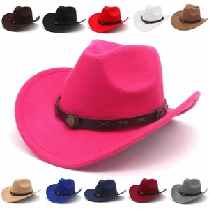 Berretti di lana Western Cowboy Hat Belt Decoration Top Ladies Roll Brim Cowgirl Felt Cap Jazz Fedora Cashmere Hats Women Ethnic Women Men