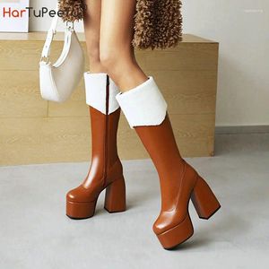 Boots Sexy Party Women Knee High Big Size 48 Chunky Heels Platform Goth Booties Turndown Lamb Fur Design Fashion Luxury Shoes