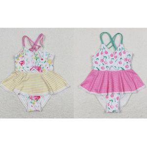 Wholesale Baby Girl One Piece Sleeveless Swimming Suit Children Toddler Summer Inner Floral Stripes Swimwear Infant Swimsuit 240415