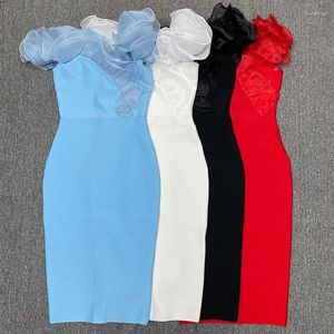 Casual Dresses High Quality Summer Bandage Dress Mesh Patchwork Off Shoulder Knee Length Bodycon Celebrity Evening Party Wedding Guest