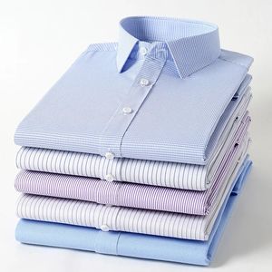 4xl 5xl 6xl 7xl 8xl Bamboo Fibre Plaid Shirt Striped Blue Casual Business Longsleeve for Men Streetwear Slim Fit 240403