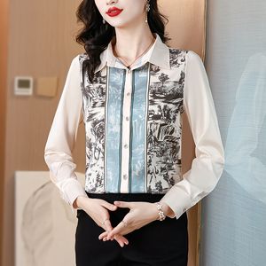 2024 Pist Vintage Baskı Kadınları Bayanlar Üst Gömlek Bluz Yakası Düğmesi Yazı Tipi Uzun Kollu Partisi Ol Ofis Tatil İş Gibi Bahar Yaz Sonbahar Dropship