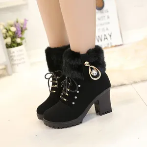 Casual Shoes Winter Women's Boots Metal Design Platform High Heels Fashion Lace-up Non-slip Ladies Ankle Dress Party Side Zipper Pumps