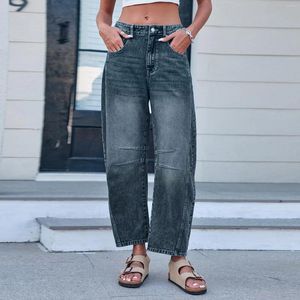 Kvinnors jeans denim låg midja Löst passform för kvinnor bred ben rak ankellängd dam med fickor avslappnad mode