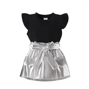 Kläder sätter pudcoco barn baby flicka 2 bit outfit ribbade toppar och elastisk metallisk kjol med bältesuppsättning för småbarn sommarkläder 6m-4t