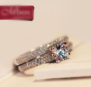 Luxus weibliche weiße Brauthochzeitsring -Set Mode 925 Silber gefülltes Schmuckversprechen CZ Stone Engagement Ringe für Frauen4684372