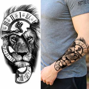 1pc Lion Men Waterproof Temporary Tattoos Fake Stickers Arm Hand Cool Art Black Transfer Clock 240418