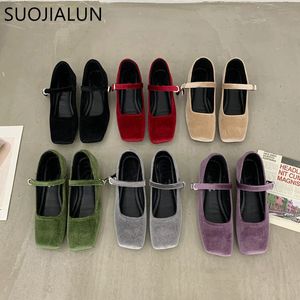Suojialun Spring Women Flat Shoes Square Toe Grunt Buckle Ladies Elegant Sole Ballte Shoes Casual Loafers Shoes 240415