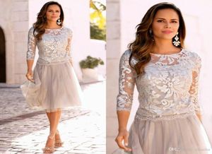 Più recente corta madre della sposa abito in pizzo in pizzo ginocchio lunghezza 34 maniche lunghe abiti da ballo corti plus size1105025