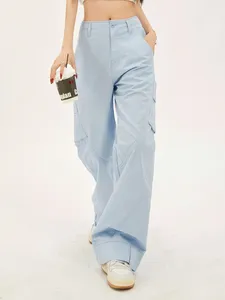 Calça feminina vintage y2k cargo azul feminino streetwear casual de rua larga perna larga 2024