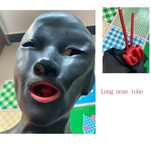 Party Supplies 3D Latex Hood 0.6mm Rubber Mask With Red Mouth Gag Plug Long Nose Tube Back Zip