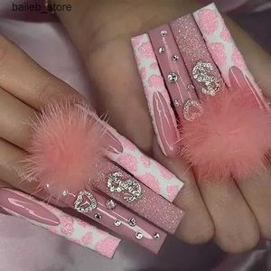 Falsche Nägel 24pcs Vollbedeckung falsche Nägel rotes Strass Planet Langer Ballerina Coffin Nagelspitzen abnehmbare gefälschte Nägel auf Nägel Maniküre Y240419 Y240419 Pressen