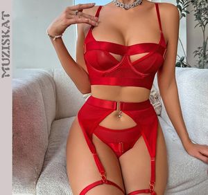Bras Sets MUZISKAT Spring Ladies Sexy Lingerie Complex Craft See-Through Mesh Hollowing Body Shaping Erotic Four-Piece Set Onlyfans