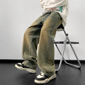 Jeans Men Spring Leg Wide Macho Male solto calças de jeans retas Harajuku Vintage Blue Jean Trouser Streetwear Roupas 240415
