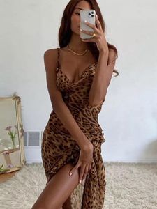 Casual Dresses Leopard Print Lace Up Women Maxi Dress Beach Party