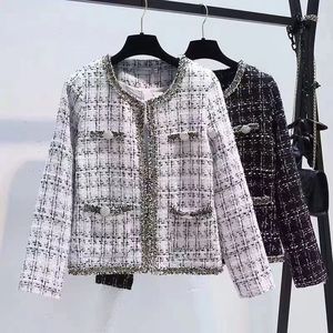 여자 재킷 빈티지 격자 무늬 긴 슬리브 O- 넥 오픈 스티치 활주로 디자이너 트위드 카디건 패션 코트 로파 파라 무지르