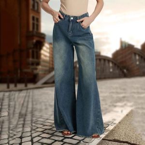 Kvinnors jeans koreanska stil ljusblå knappar bred ben mode streetwear baggy tvättade denim byxor höga midja raka byxor