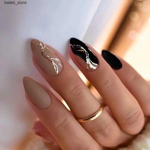 False Nails 24pcsピンクアーモンド偽ネイル光沢のある黄金の波紋Stiletto Fake Nail