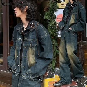REDDACHiC Mens Denim Suit Bomber Jacket Baggy Jeans 2-piece Set Brushed Wide Leg Pants Oversize Coat Hiphop Harajuku Clothes 240412