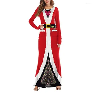 Sukienki swobodne Xingqing Boże Narodzenie Santa Sukienka Klasyczne 3D nadrukowane długie rękaw okrągła szyja Bodycon Kostium imprezowy