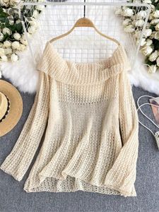 Bluzki damskie Singreiny Summer Casual Knit Shirt Kobiet Slash Szyja Długie rękaw na ramię puste koreańskie panie luźne bluzka z filtrem przeciwsłonecznym