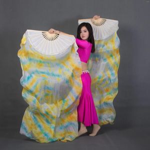 Stage Wear Gradient Tie Dyed Belly Dance Fan Veil 150/180cm Bamboo Long Fans For Dancer Practice Performance Show Adult Props