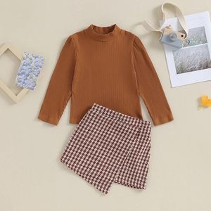 Clothing Sets BeQeuewll Toddler Girl Fall 2Pcs Outfit Solid Ribbed Long Sleeve Mock Neck Tops And Asymmetric Houndstooth Print Mini Skirt