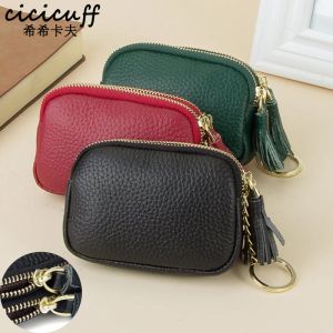 Purses Genuine Leather Women Coin Purse Double Zipper Small Purse Wallet with Keyring Coin Storage Bag Kids Purses Tassel Change Pouch