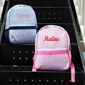 Backpacks New Seersucker Backpack with Kids's Name Custom Monogrammed Baby Book Bag Personalized Your Name Seersucker Backpacks