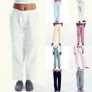 Frauenhose Frauen Weitbein lässig losen vertikaler Streifen Print Elastic Lounge Hosen mit Taschen für Arbeitsbüro Streetwear