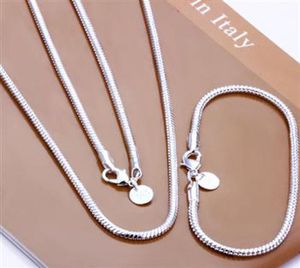 Fashion 925 Sterling Silver Set Solid Chain 3mm Men Women Bracciale Collana 16 