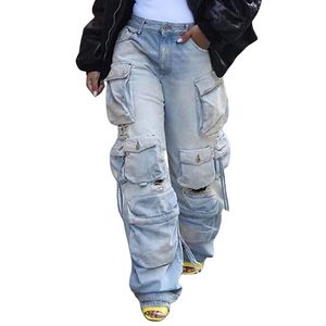 Lässige Frachtjeans für Frauen Y2K High Taille Baggy Jeans gerade weit Bein Fracht -Denimhose Streetwear mit Taschen