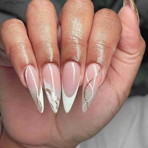 False unhas 24pc Longo estiletto de unhas falsas design de mármore branco vestível amêndoa francesa Falsa unhas de capa completa prensar nas unhas Diy Stick On Nails Y240419J8E9