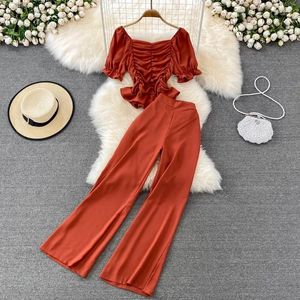 Women Summer Fashion Casual Pants High Waist Drape Wide Leg Square Collar Short Slim Blouse Twopiece Suit Female D0544 240412