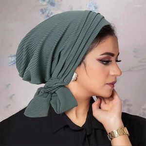 Ethnic Clothing Solid Color Thread Four Bars Long Tail Tam-O'-Shanter Pile Cap Women's Two Sunken Stripe Muslim Bandana Hats