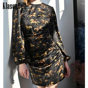 カジュアルドレス11.9 Klasonbell Silk Fashion Elegant Horse Animal Print O-Neck Lengeve Side Ruched Collect Waist Mini Dress Women