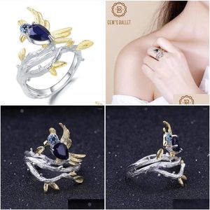 Cluster Rings Gems Ballet 925 SERLING SIER 0,65CT Natural Vintage Blue Sapphire Cring Bird ручной работы на ветви для женщин Fine Dli Deli dh0wl