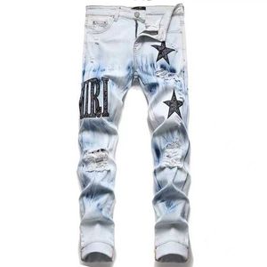 Mens Jeans European Jean Hombre Letter Star Men Borderyy Patchwork Ripped for Trend Brand Motorcycle Pant Mens Skinny