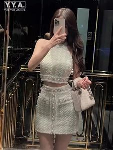 Summer Women Sexy Design Lace Diamonds Pearls Slim Fit Tweed Sleeveless Cropped Top High Waist ALine Skirt Two Piece Set 240417