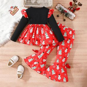 Clothing Sets Girl Christmas Outfit Clothes Merry Long Sleeve Tutu Shirt Snowman Flare Trouser Kid Xmas Set