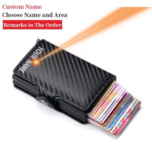 Plånböcker Anpassade namn Kreditkortshållare Män Double Carbon Fiber Anti RFID Card Holder Wallet Metal Business Bank Creditkort Mini Wallet