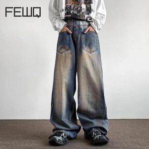 Herren Jeans Wenigq gewaschene Vordertaschen Streetwear Kontrast Farbe Spleiß männlich gerade losen Jeanshosen Hip Hop Sommer x9025