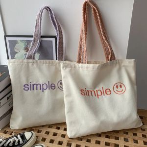 Bags Embroidery Letters Canvas Tote Bag Smile Print Shoulder Shopper Bag Women Simple Large Shopping Bag Fashion Zipper Eco Handbag