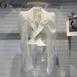 Getspring Women Blazer Mesh Eklenmiş Tek Düğme Uzun Kollu Bayanlar Beyaz Siyah Kat Moda Kısa Kadınlar Takım Ceket 240417