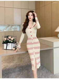 Casual Dresses Apricot Red Stripe Patchwork Elegant Ladies 2024 Autumm Winter Korean Button Sweater Sticked Office Lady Dress Fashion