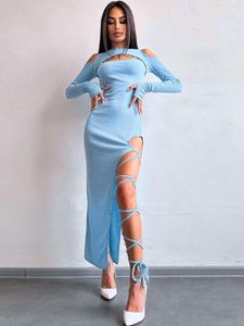 Casual Dresses Fashion Style Ins gränsöverskridande utrikeshandel 2024 Sexig socialit elegant konst långärmad klänning split leggings remmar