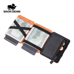 Wallets BISON DENIM Leather Magic Wallet for Men Trifold Slim Rifd Blocking Credit Card Holder with Coin Pocket Mini Purse W9725