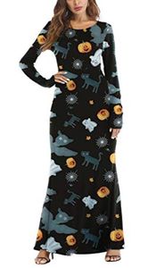 Nowe Halloween Women Funny Pumpkin Long Rleeve Maxi Sukienki na Halloweenowe kostiumy 20202944896