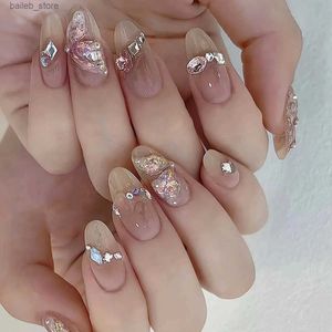 False unhas 24pcs destacáveis unhas falsas de amêndoa simples amor amor borboleta pérola presa nas unhas glitter unhas falsas cola de capa completa dicas de unhas y240419olpn